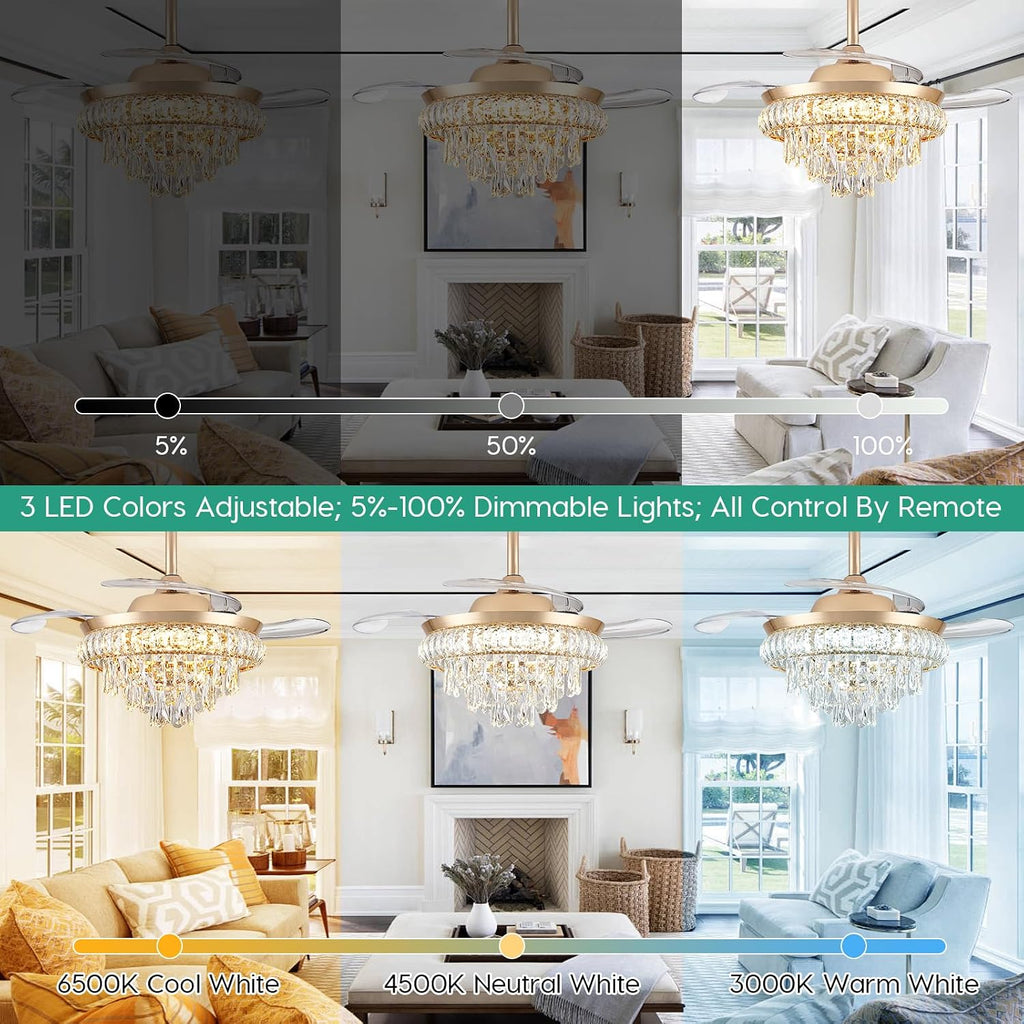 36" Crystal Ceiling Fan with Light, Retractable Blades Fandelier