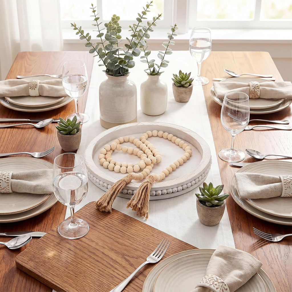 2 Pcs Farmhouse Round Tray Decor Set, 12" White Washed Beaded Round Wood Tray with 58" Long Beaded Garland for Coffee