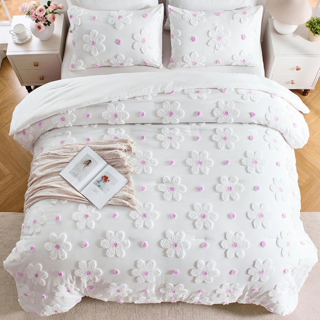 Comforter Set for Girls 3 Pieces Soft Pink Tufted Daisies Flowers Bedding Set Bed in A Bag Cute Floral Comforter