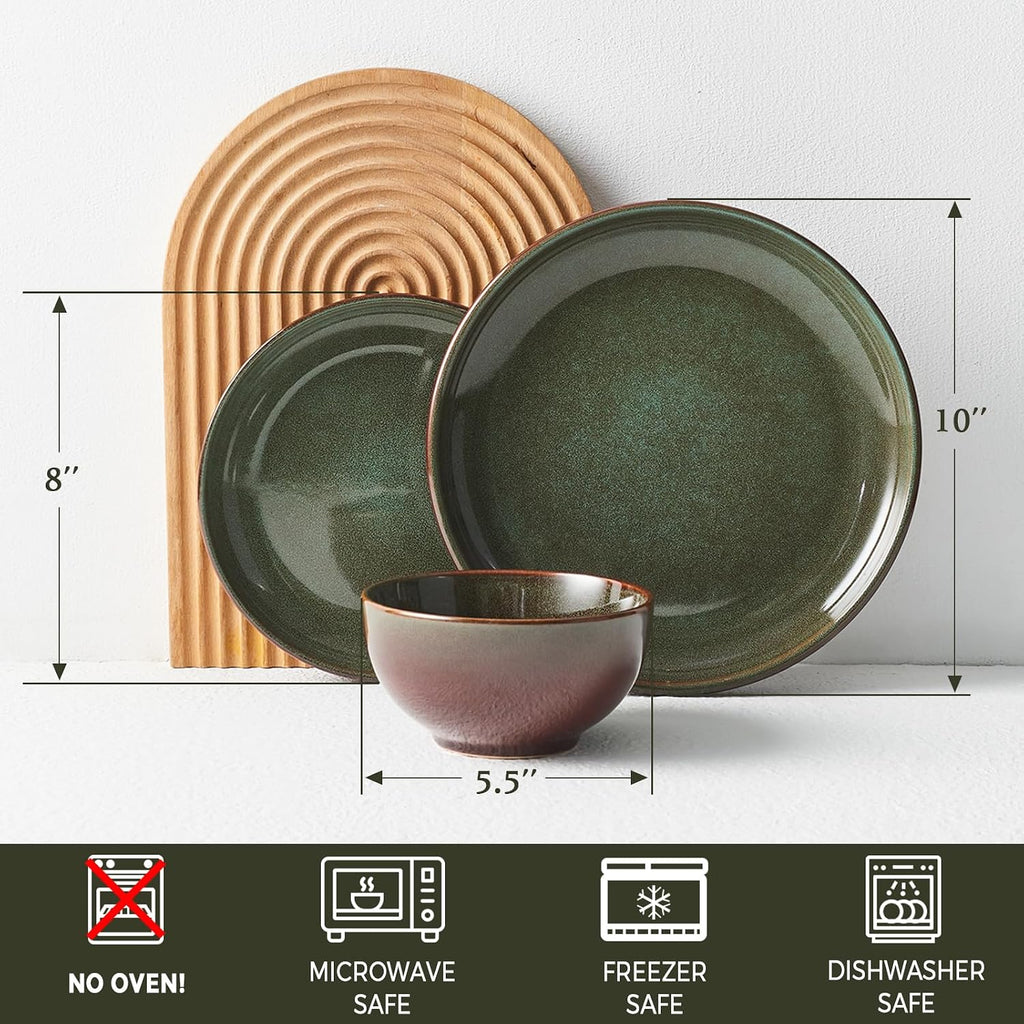 Stoneware Dinnerware Sets Service for 4, 12 pcs Reactive Glaze Plates and Bowls Sets, Handmade Ceramic Dish Set