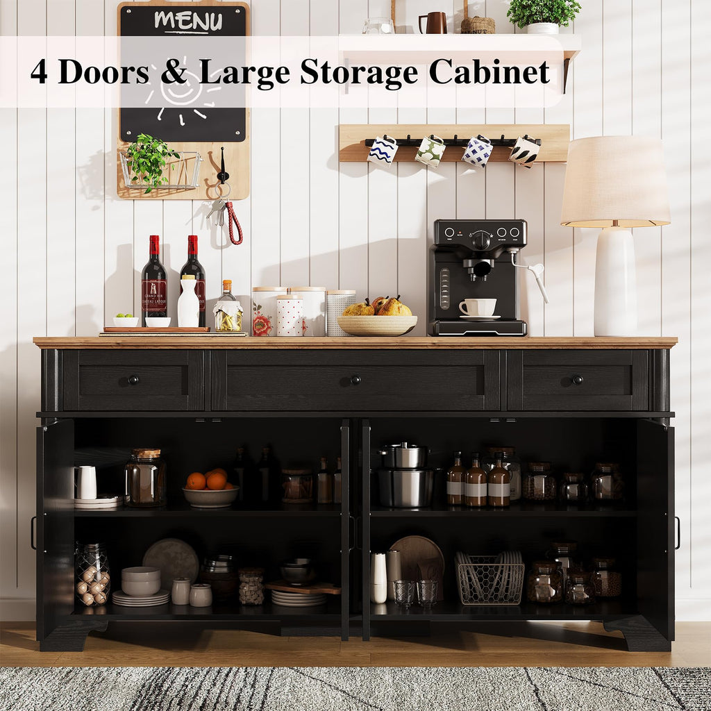 65 Inch Farmhouse Buffet Cabinet with Storage, Black Sideboard Buffet Cabinet with Adjustable Shelves & 3 Drawers