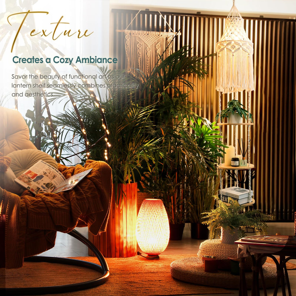 3-Tier Macrame Hanging Lamp Shelf, Boho Corner Pendant Light with Plug Cord