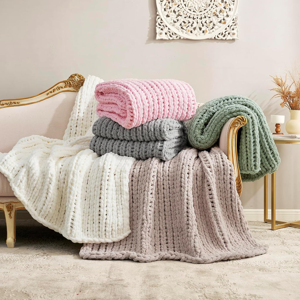 Chunky Knit Throw Blanket, Soft Chenille Handmade Crochet Throw Rope Knot Blanket, 50"x60", Ivory