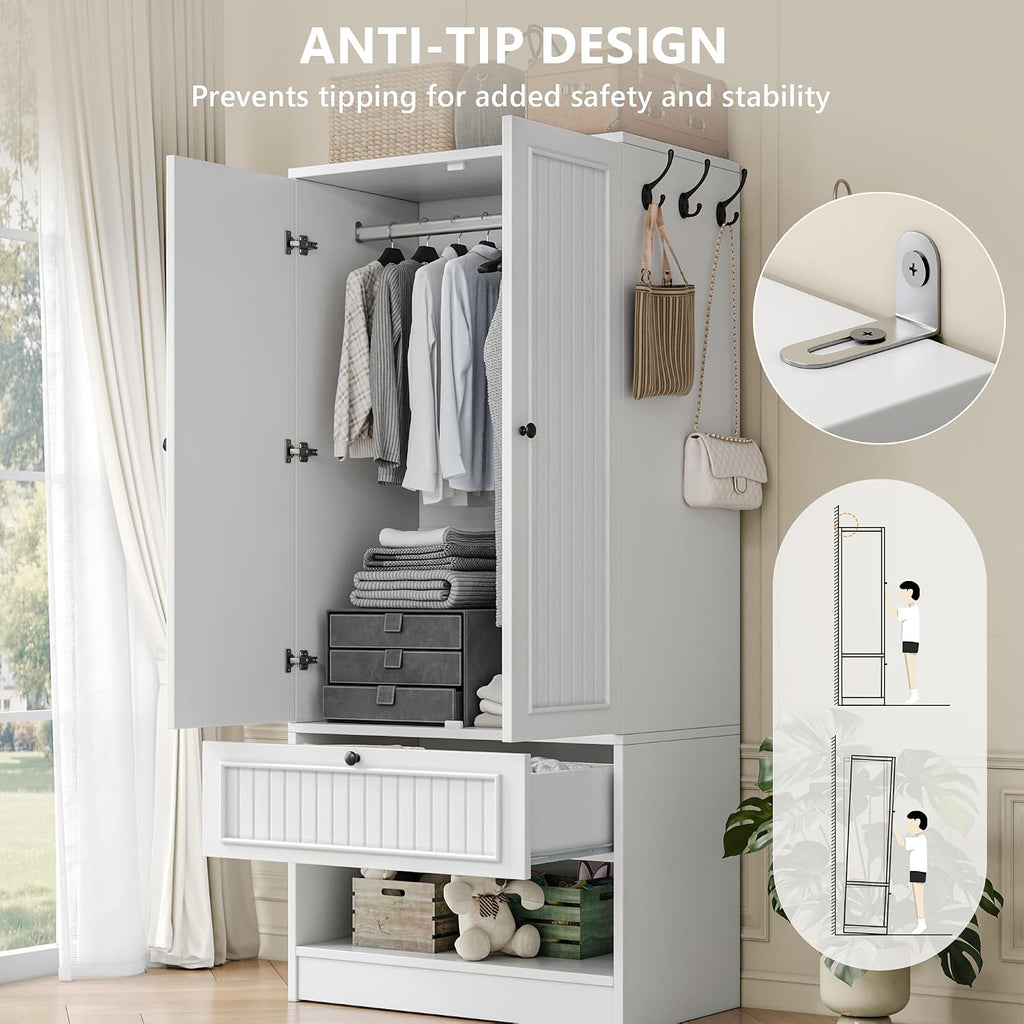 70" Armoire Wardrobe Closet with Doors & Mirror,Wooden Wardrobe with Drawers and 3 Side Hooks,Large Freestanding