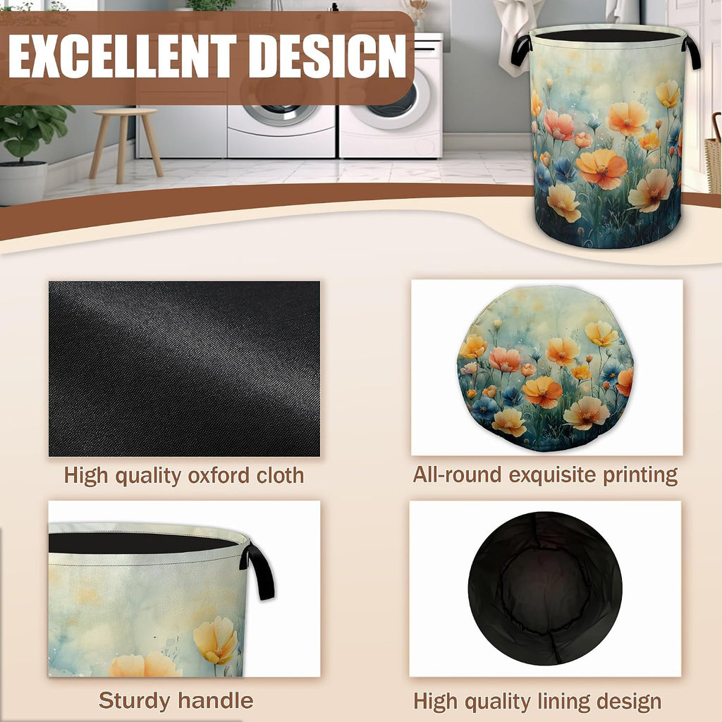 Watercolor Wildflower Laundry Basket, Laundry Hamper Waterproof Oxford Cloth Tote Bag,Clothes Storage Bucket