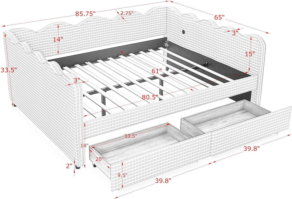 Daybed Queen Size with Two Storage Drawers,Gingham Upholstered Day Bed Frame Queen with USB Port & Wave Shaped
