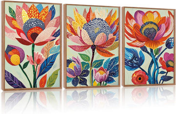 Abstract Botanical Floral Framed Canvas Wall Art Set,(Set of 3,12X16 Inch) Colorful Dot Art Modern Flower Wall