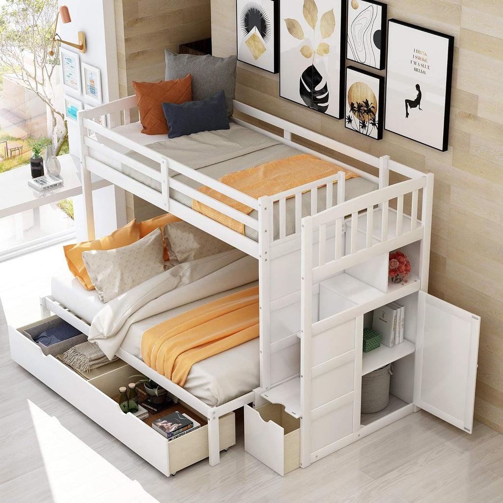 Twin Over Full/Twin Bunk Bed with 3 Drawers, 4 Storage and Cabinet Door