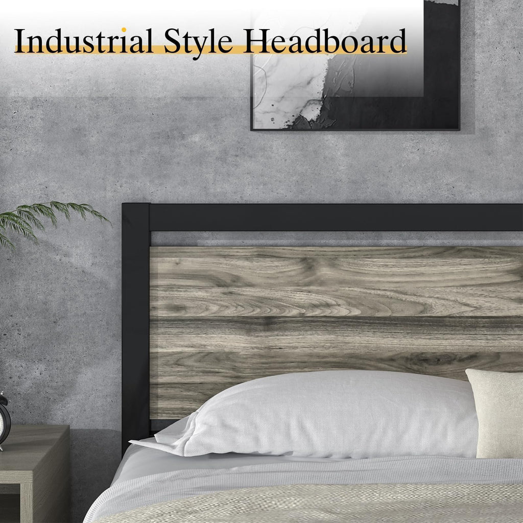Full Bed Frame with Headboard, Under-Bed Storage, Wash Grey