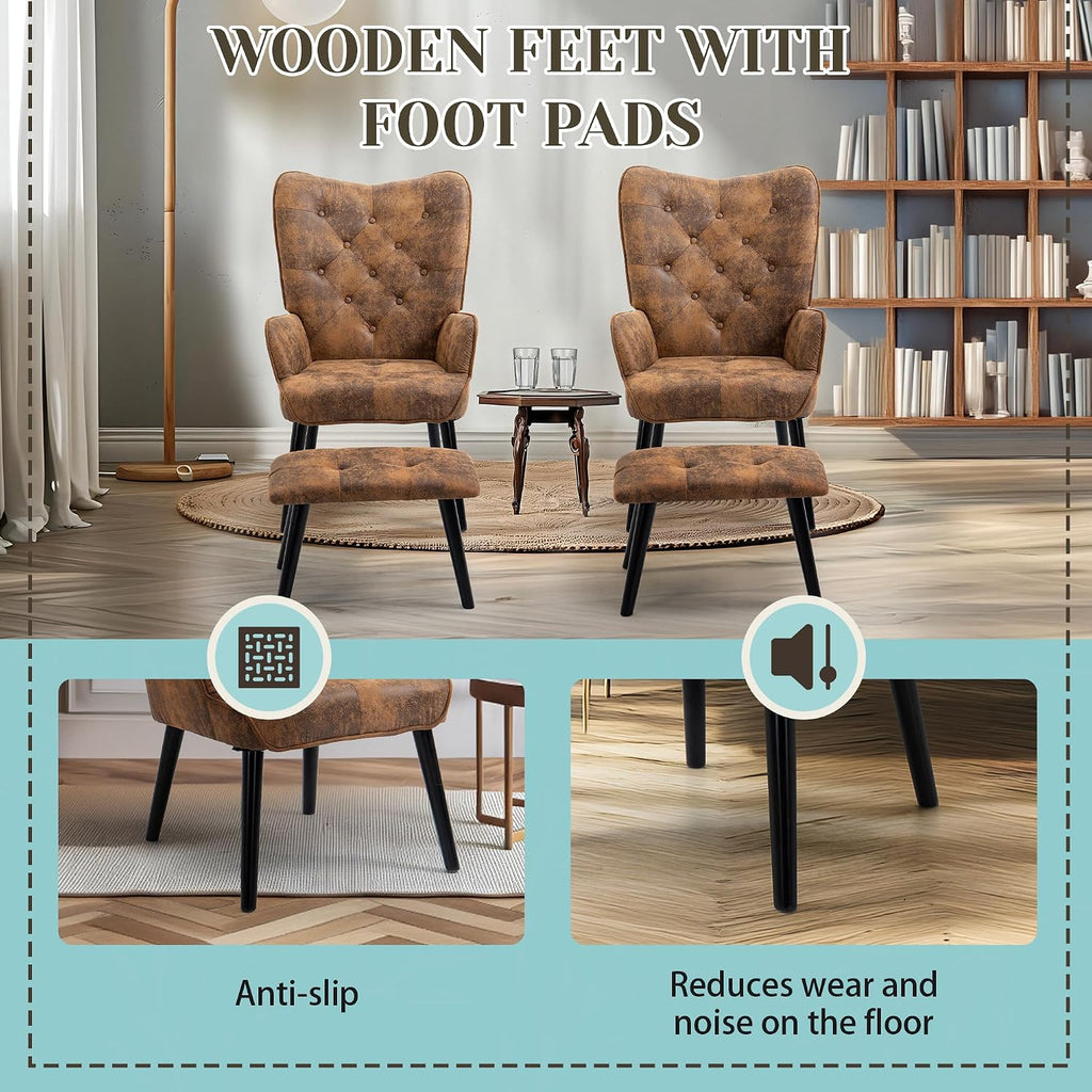 Accent Chair with Ottoman, Brown Button Tufted Wingback Chair | Soft Upholstered Fabric; High Density Thick Sponge;