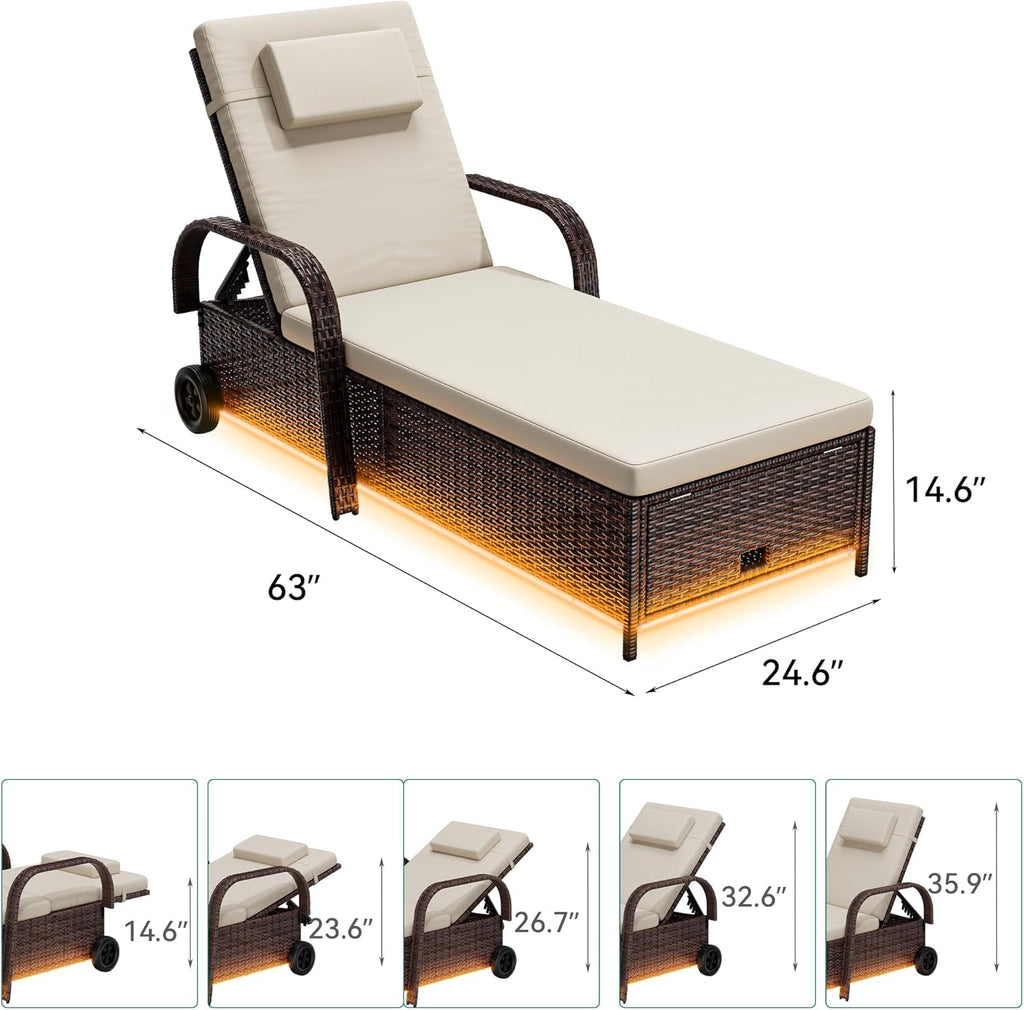 Outdoor Chaise Lounge Chair with LED Lights, Patio Wicker Lounge Chairs with 5-Level Backrest