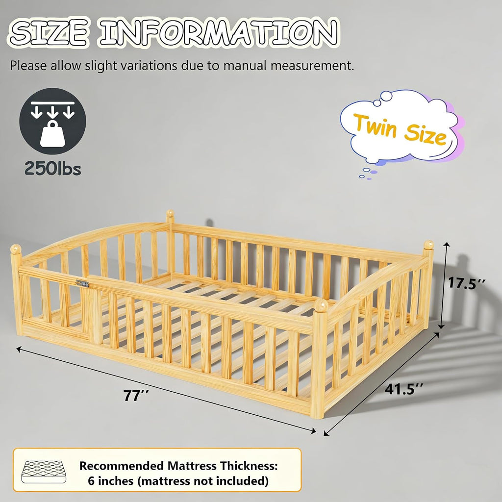 Twin Size Montessori Floor Bed with Door and Safety Guardrail, Solid Wood Low Profile Bed Frame with Slats, Easy