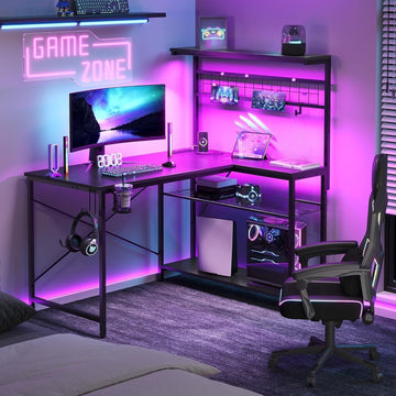 42" L Gaming Desk with Power Outlets LED Lights, Carbon Fiber Black | Reversible Design, LED Lights, Power Outlets