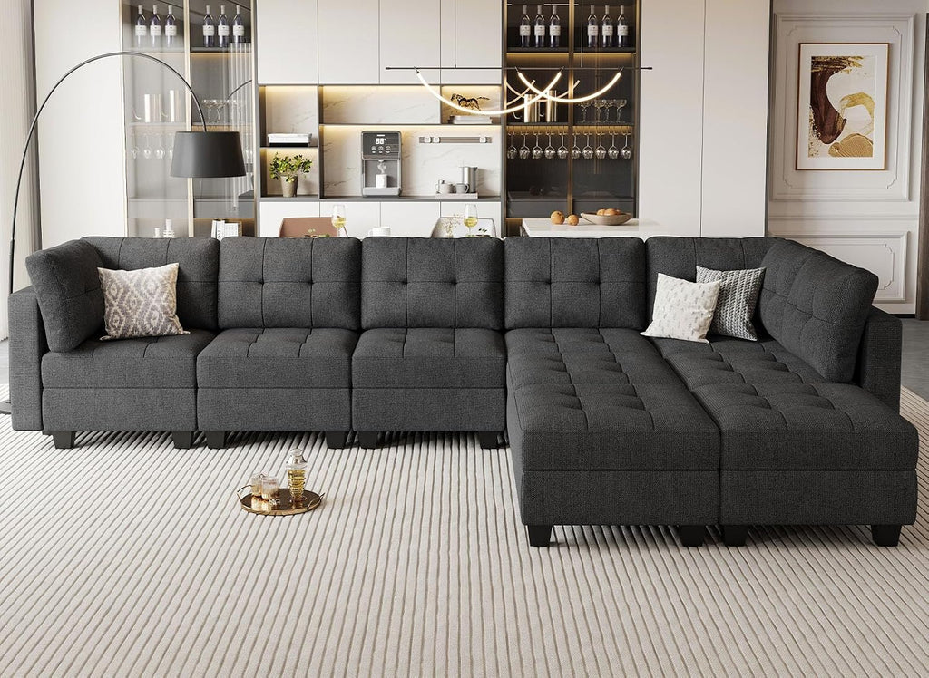 Modular Sectional Sofa with Storage L Shaped Couch with Chaise Sectional Sofa with Ottoman, 9 Seats, Dark Grey
