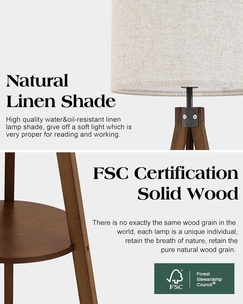 Tripod Floor Lamp with Table, Mid Century Wood Shelf Standing Light Modern Tall Floor Lamp with Linen Shade Bedroom