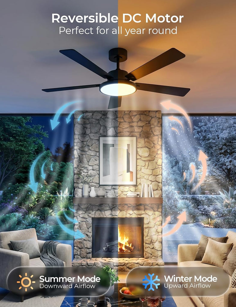 Smart Ceiling Fan with Lights, 52'' RGBCW Ceiling Fan with Lights and Remote App Voice Control, Reversible DC Motor