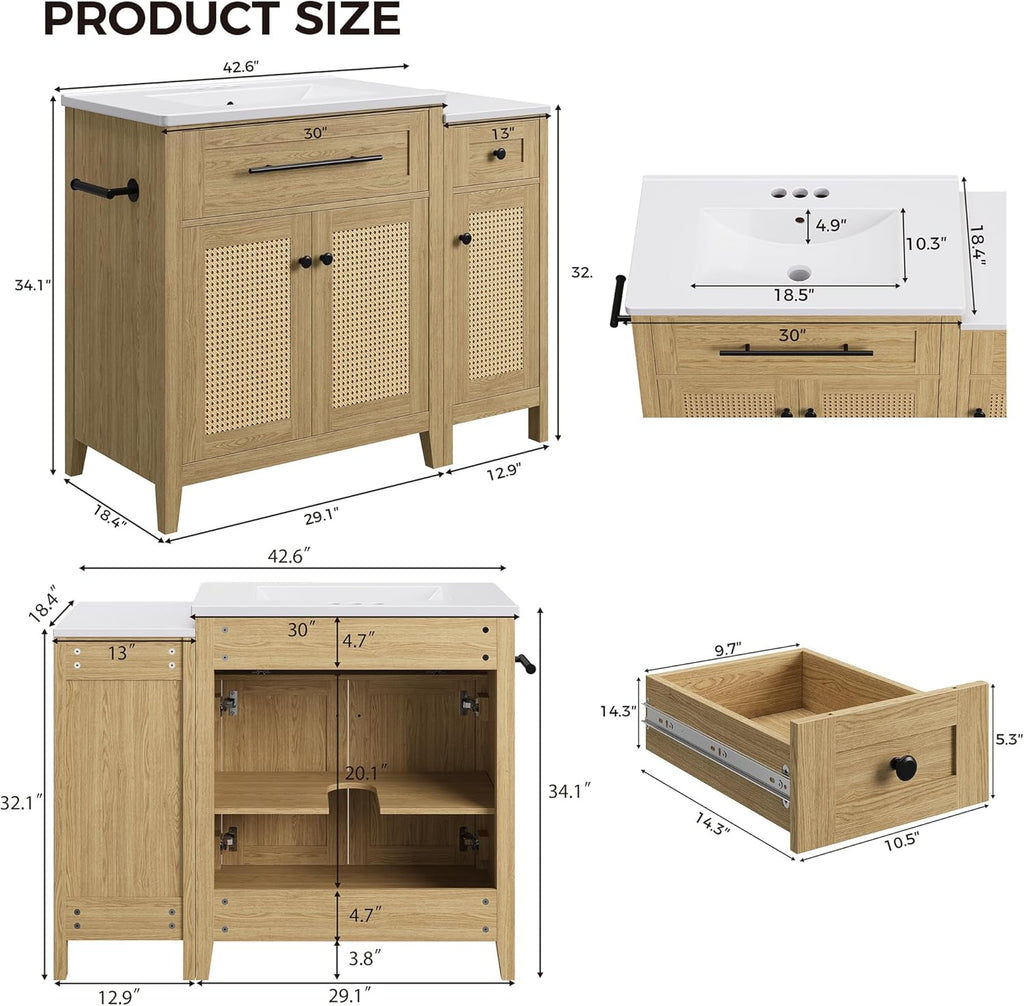30" Bathroom Vanity with Storage Side Cabinet, Freestanding Bathroom Cabinet with Ceramic Sink, Flip-Down Drawer & Soft Closing Door, Farmhouse