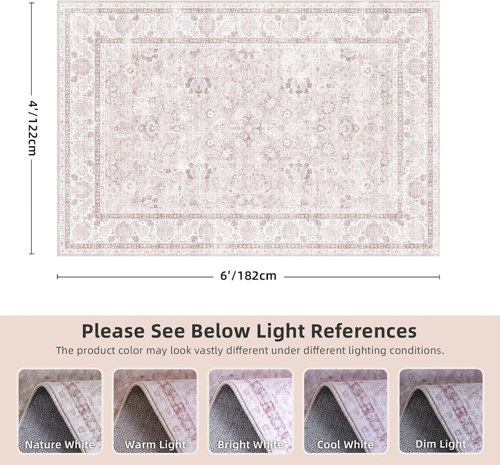 Light Pink 4x6 Rugs Nursery Rug Vintage Aesthetic Cute Boho Floral Washable Area Rug Indoor Carpet for Kids Room