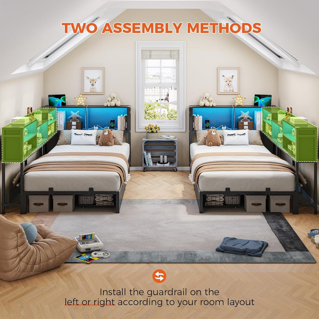 Corner Twin Bed Frame with Bookcase Storage and Led Lights Metal Platform Bed Frame with 2 Drawers and Charging