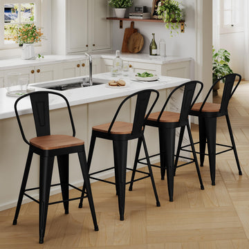 26" Metal Bar Stools Set of 4, Counter Height with Backs, Black