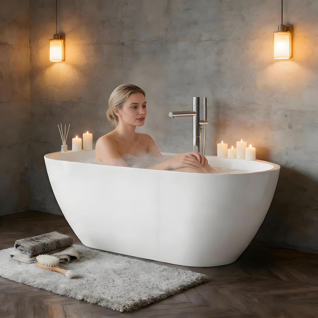 Freestanding Bathtub 59 Inch, Oval Acrylic Stand Alone Tub with Chrome Drain, Modern White Soaking Tub for Bathroom