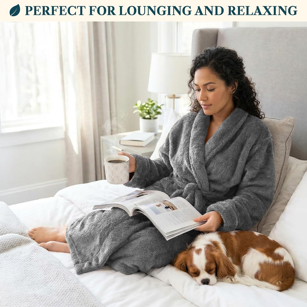 Premium Womens Plush Soft Robe Fluffy, Warm, Fleece Sherpa Shaggy Bathrobe