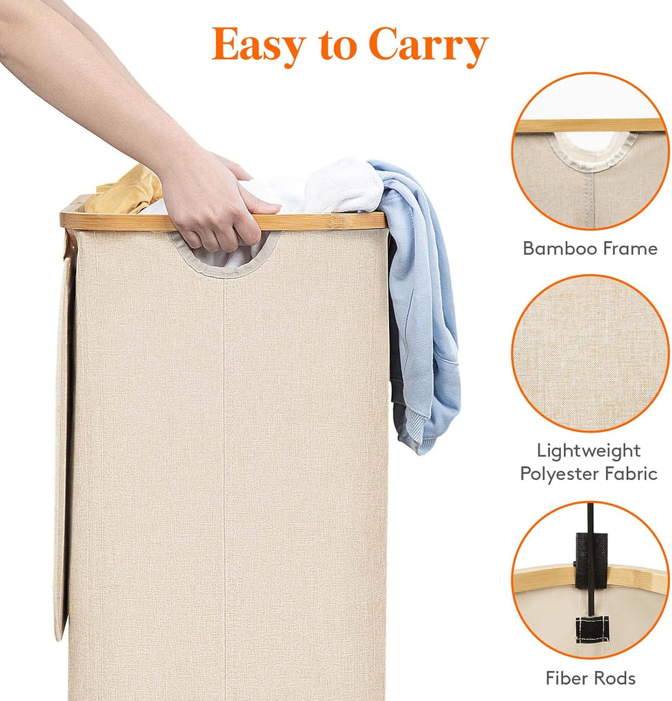 100L Laundry Basket with Lid, Clothes Hampers for Laundry with Bamboo Handles and 1 Removable Bag, Large Foldable