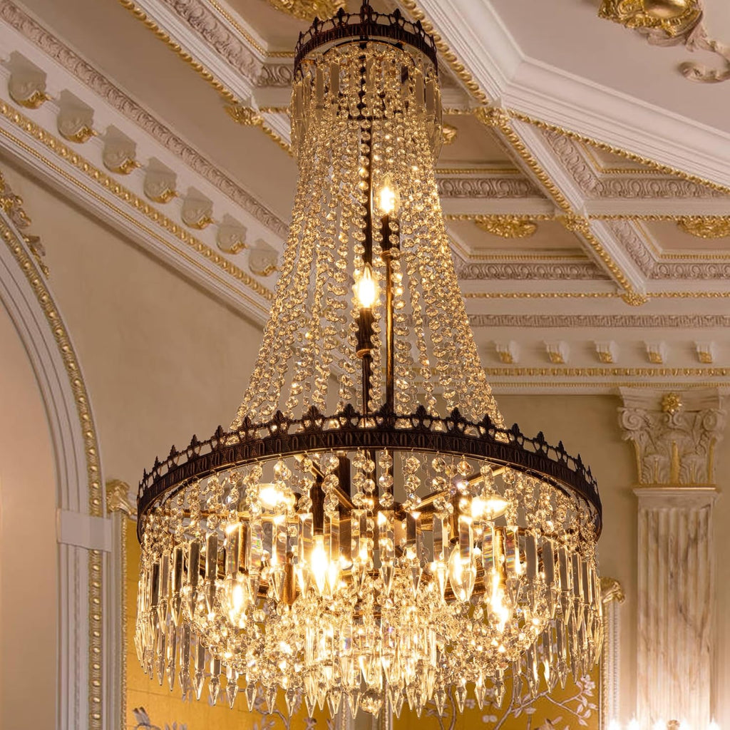 French Empire Crystal Chandeliers,9 Lights Rustic Farmhouse Chandelier,High Ceiling Light Fixture for Entryway,Antique Bronze Chandeliers for Dining Living Room,Foyer,Staircase,24" W x 40'' H A108-B0C1NGGQN8