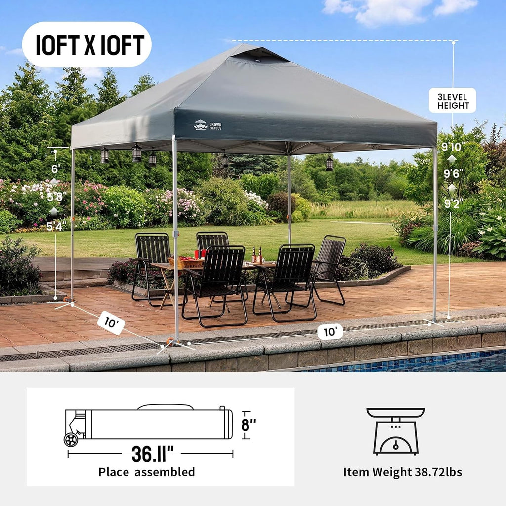 10x10 Pop Up Canopy Tent, Grid Grey | Beach Tent with One Push Setup,STO-N-Go Cover Bag,Silver Coated Top,Outdoor Sun