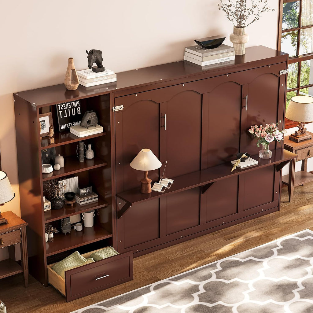 Queen Horizontal Murphy Bed with Desk, Foldable Wall Bed Frame with Storage Drawers, Shelves & Movable Cabinets