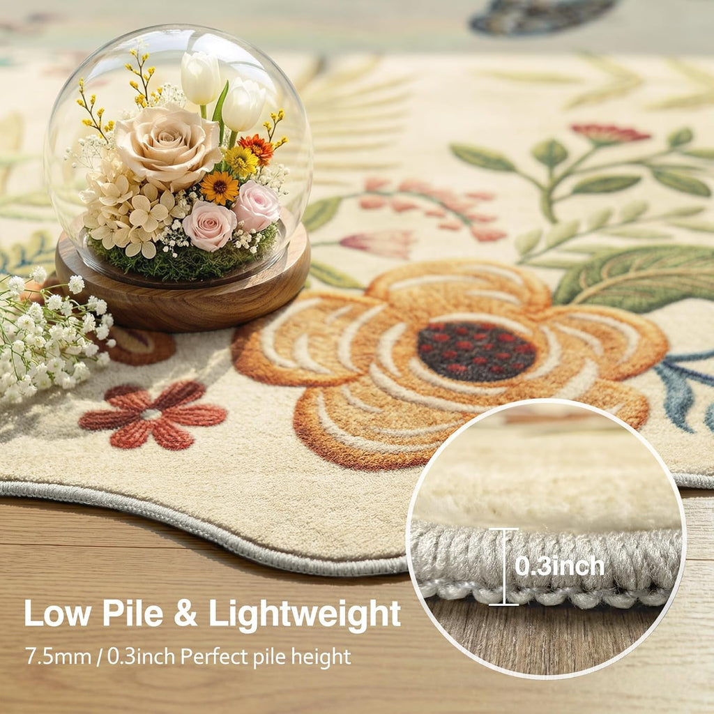 9x12 Floral Washable Area Rug Beige Neutral Vintage Flower Botanical Cottage Boho Cream Scalloped So