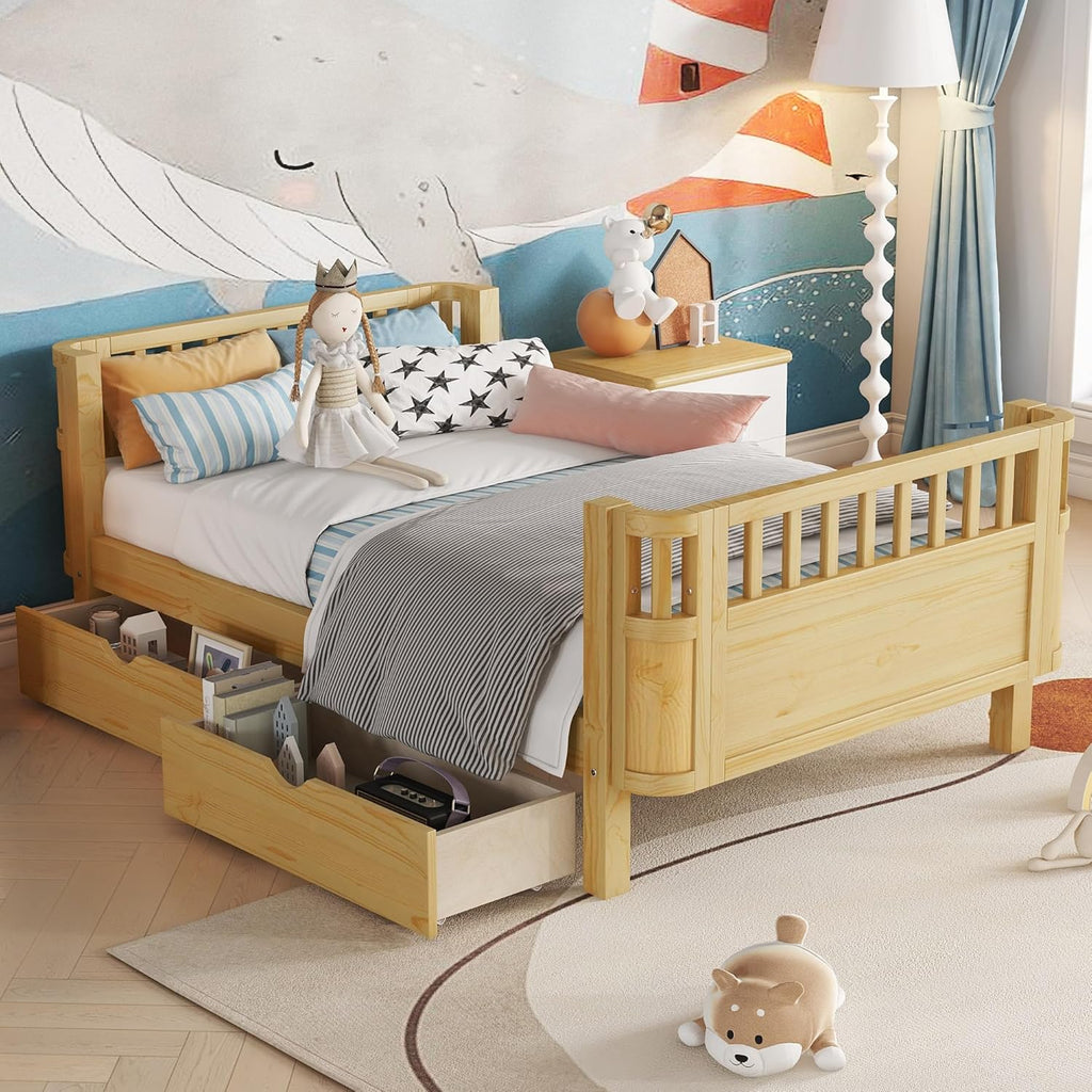 Twin Size Wood Floor Bed, Montessori Platform Daybed Frame with Safety Rails & Low Profile, Space Saving U-Shaped