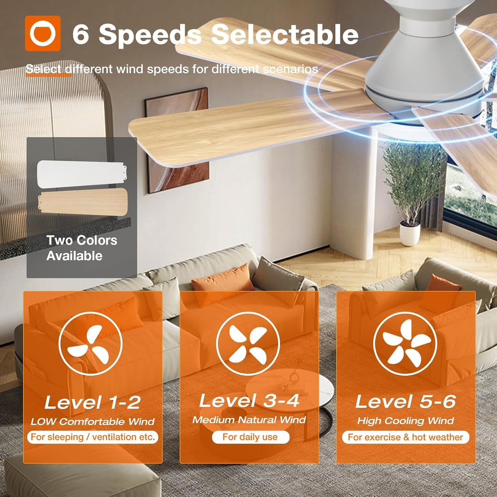 Ceiling Fans with Lights, 42 Inch Low Profile Ceiling Fan with Light And Remote Control, Flush Mount, Reversible, 3CCT, Dimmable, Quiet, White Small Ceiling Fan for Bedroom Indoor/Outdoor Use