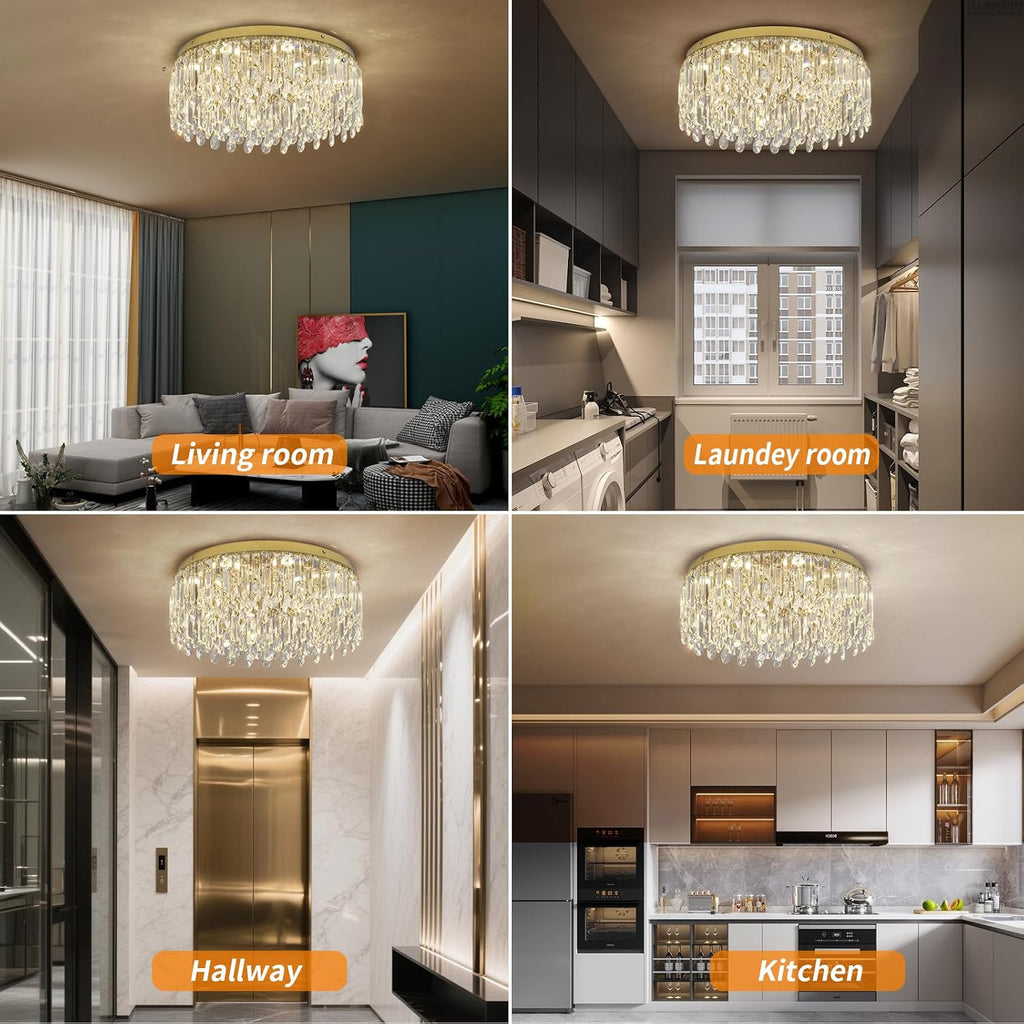 19.7" Gold Crystal Chandelier, Modern Flush Mount Ceiling Light Fixture Luxury Tri-Color LED Lighting for Living Room