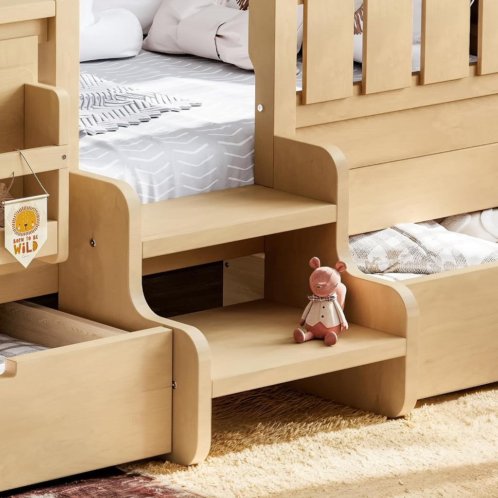 Twin Floor Bed with Stairs, Rails and Slats, Twin Size Montessori Floor Bed with Bookshelf and 2 Storage Drawers