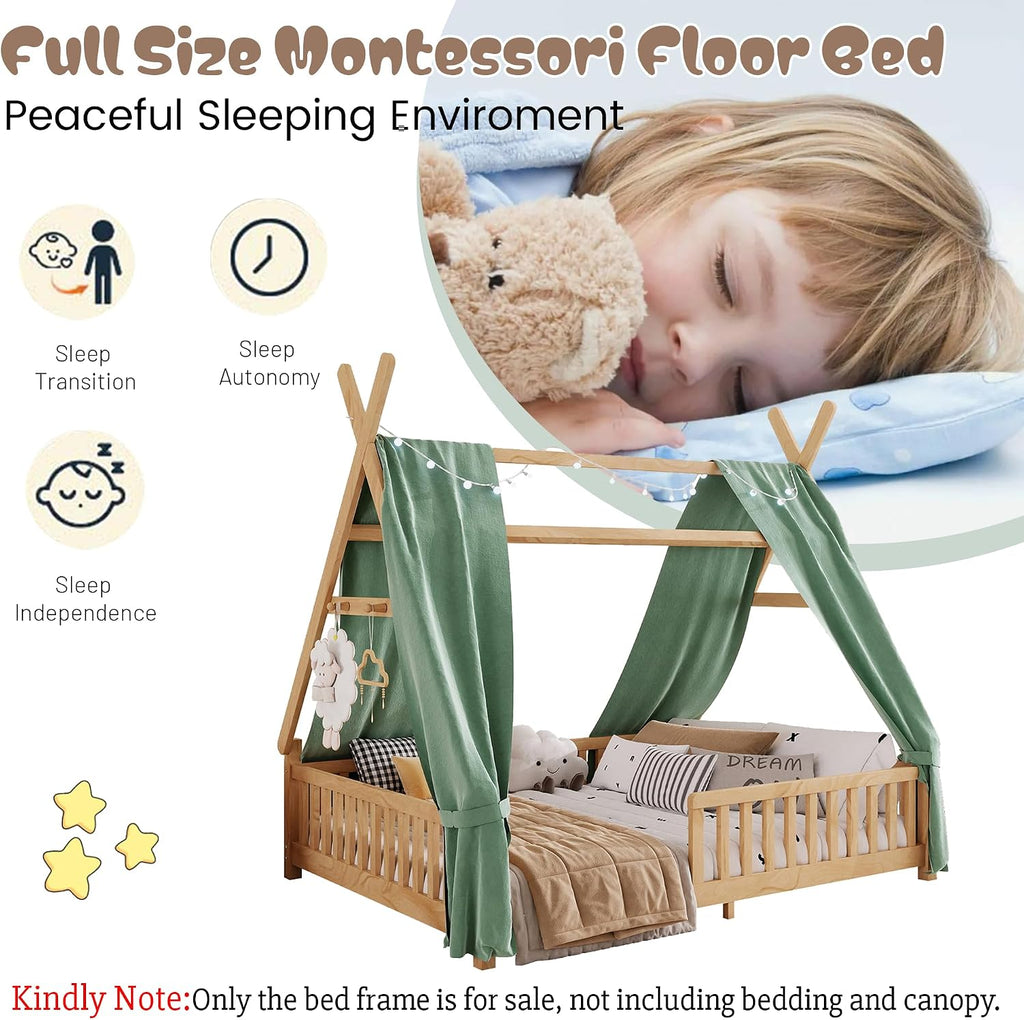 Montessori Bed Full Size with Light and Slats, Wood Teepee Floor Bed for Kids Boys Girls,House Bed Frame with Rails &
