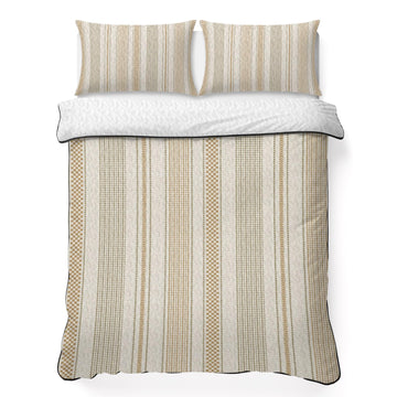 Vintage Striped 3 Piece Quilt Set Queen, Brown Khaki Vertical Ticking Stripes French Country Soft Bedspread