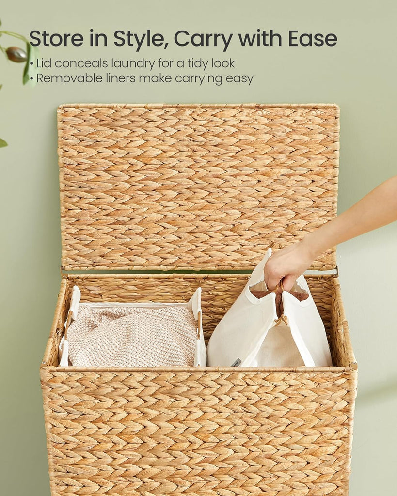 Laundry Hamper 2 Sections, 34.3 Gal. (130 L) Handwoven Water Hyacinth Wicker Laundry Basket with Lid, Natural