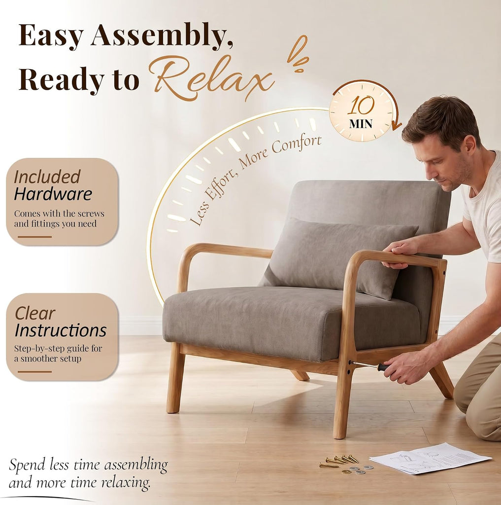 Modern Accent Chair, Taupe Knitted Fabric Upholstered Armchair with Solid Wood Frame, Comfy Reading Chair Bedroom