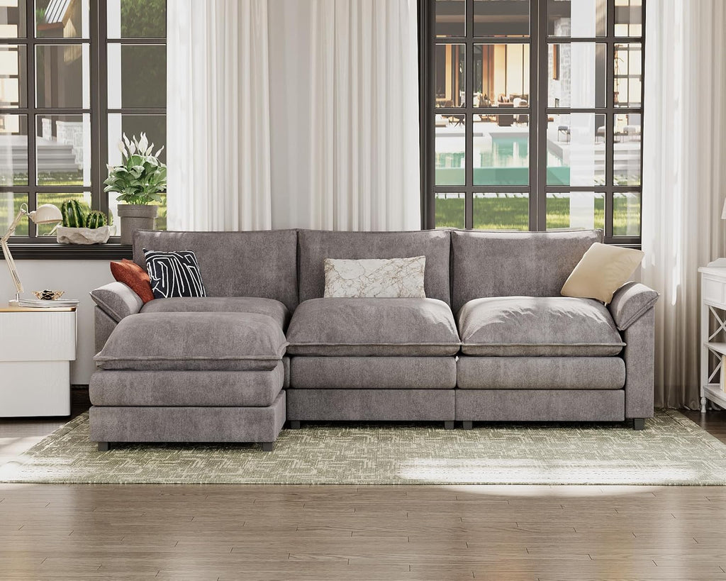 119” Sectional Sofa Modern Deep Couch with Reversible Ottoman