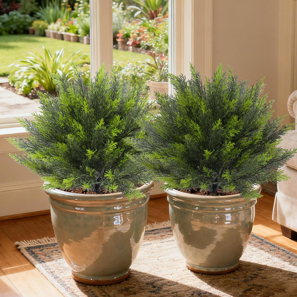 24" Artificial Cedar Topiary Bush with Ground Spike, 2 Pack