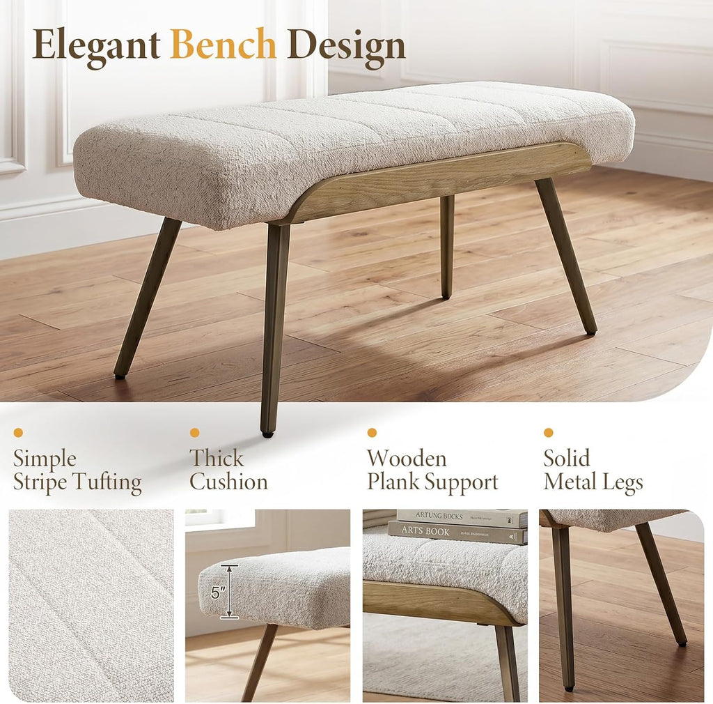 Modern Ottoman Bench, Upholstered Boucle Fabric Entryway Bench with Metal Legs, 35.5" Padded Bench Living Room, Beige