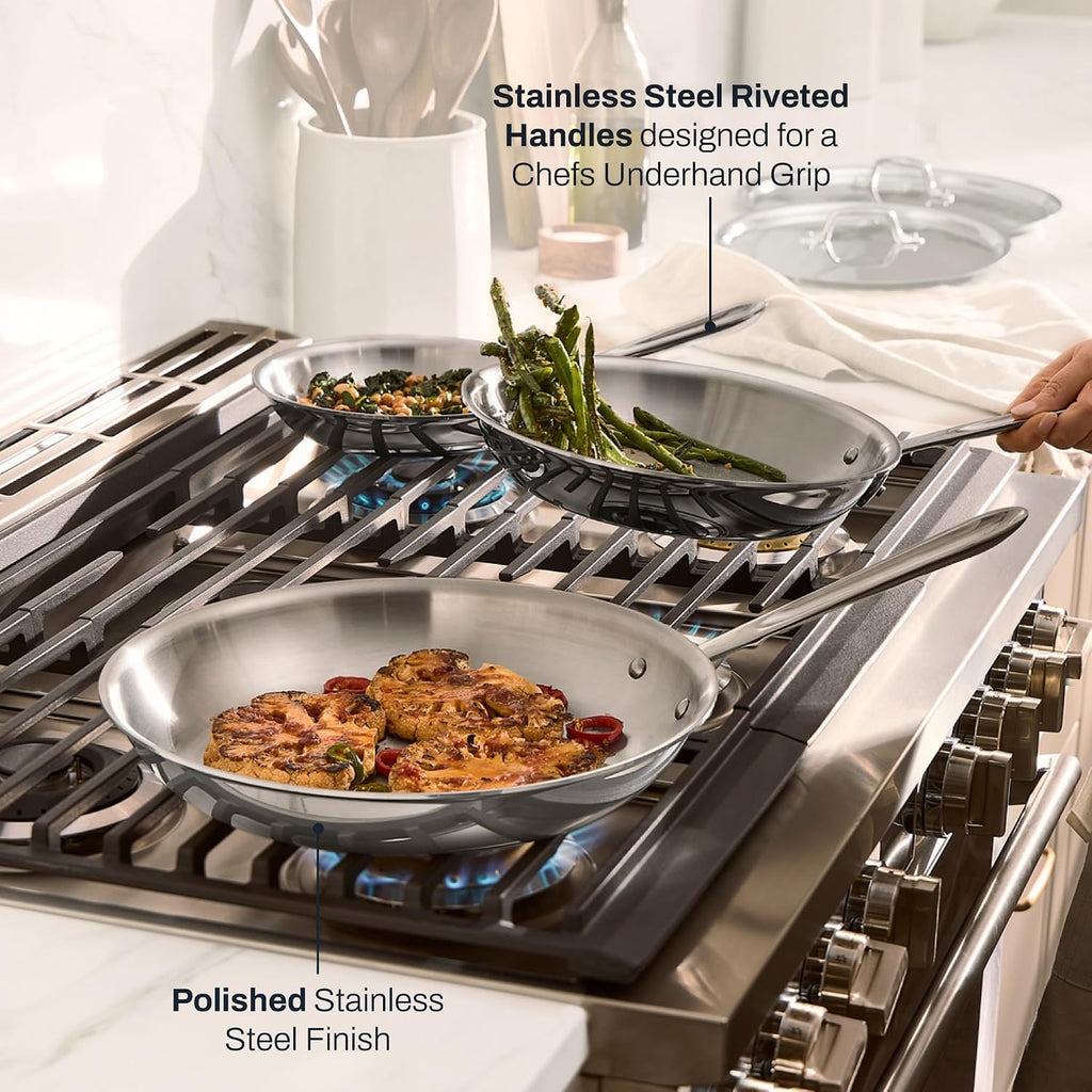 D3 Stainless Steel 5 Piece Frypan Set- USA- Includes 8", 10" and 12" Frying Pans With Lid - Professional Grade -Oven
