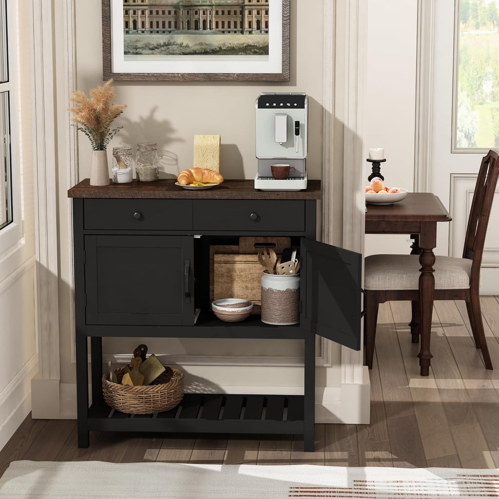 Farmhouse Console Table, Entryway Table with Storage Shelf, Coffee Bar Cabinet, Narrow Buffet Sideboard , Black