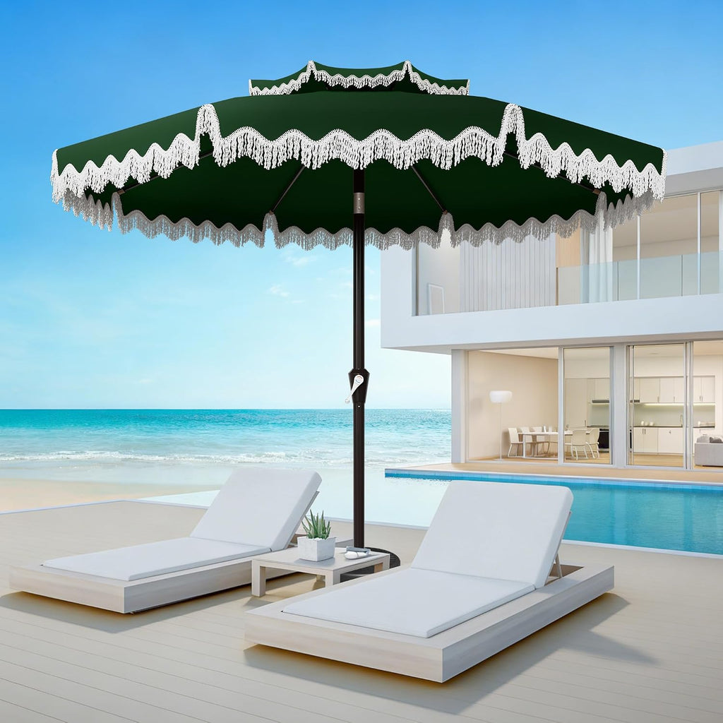 9ft Patio Umbrella with Fringe Tassels, Wind-Resistant Fiberglass Ribs - Dark Green