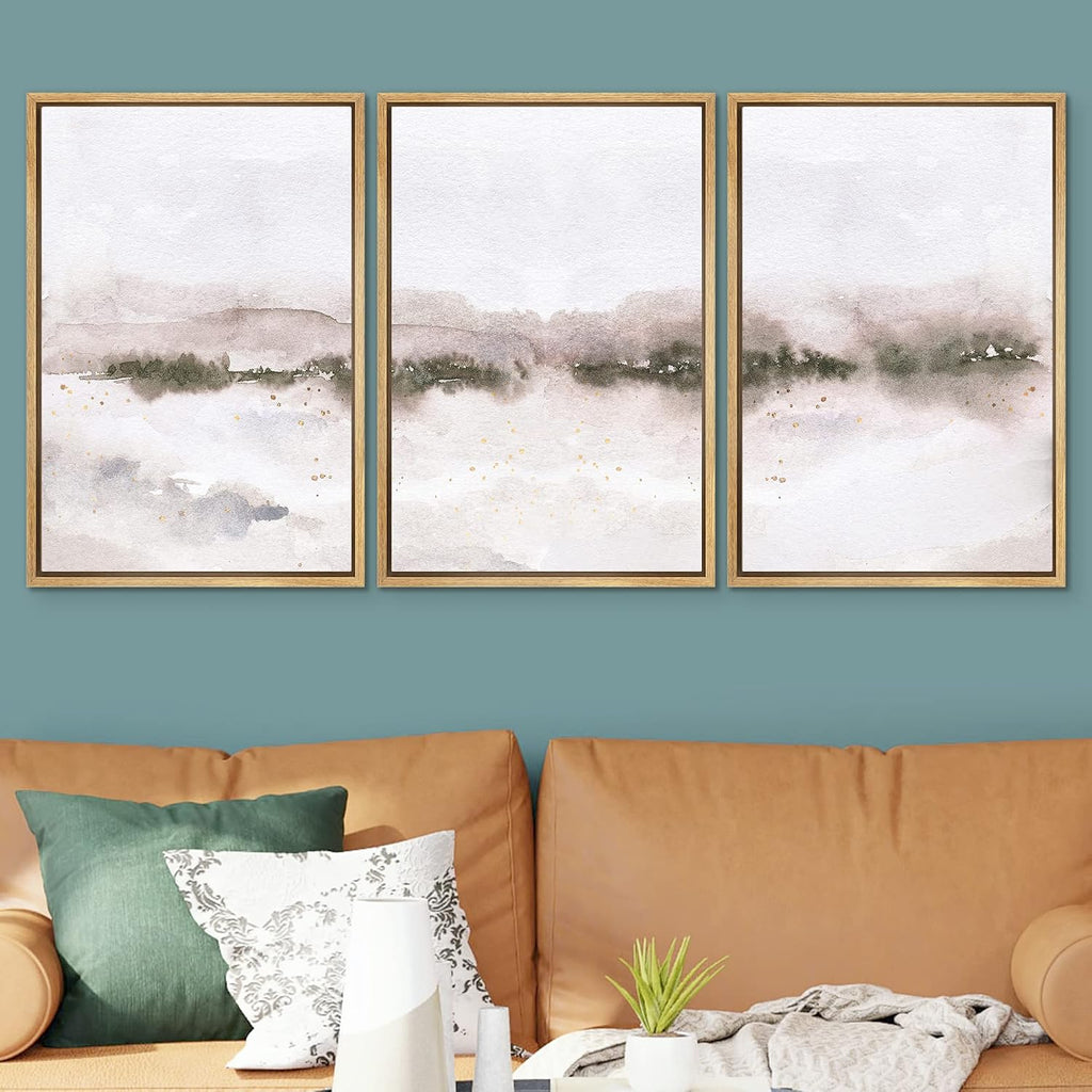 Framed Canvas Print Wall Art Set Pastel Explosion Misty Mountain Forest Nature Wilderness Illustrations Modern Art