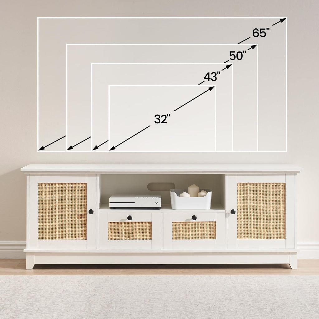 Rattan TV Stand for 65 Inch TVs, White Desktop
