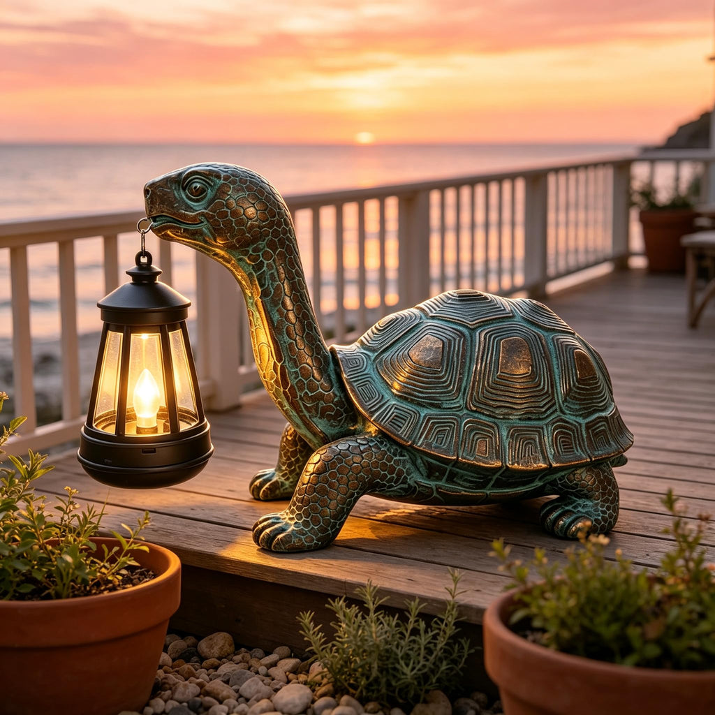Solar Turtle Garden Statue with Hanging Solar Lantern
