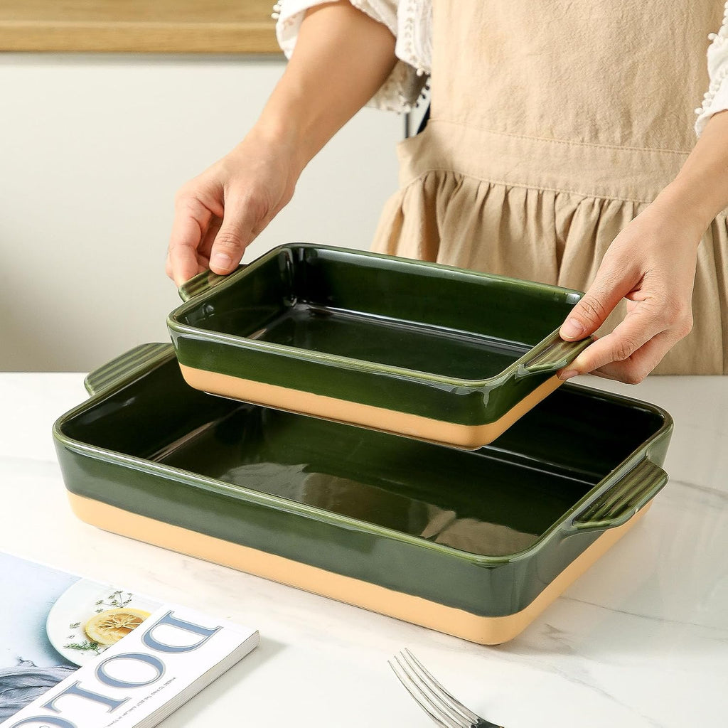 Ceramic Casserole Dish with Handles, Large 9x13 inch Pan and Middle Pan - Porcelain Serving Bakeware Set (Forest