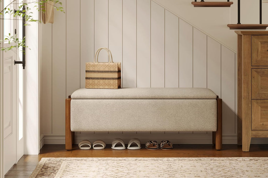 Modern Storage Benches with Walnut Wood Legs, 47'' Ottoman Bench with 20 Gallons Storage Space End of Bed, Fabric